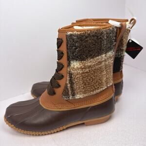 LANDS' END Brown Plaid Faux Fur Duck Boots | 8